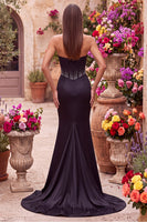 Laden Sie das Bild in den Galerie-Viewer, Satinschwarzes Meerjungfrauen-Cut-out-Korsett-Trägerloses Maxikleid mit Seitenschlitz