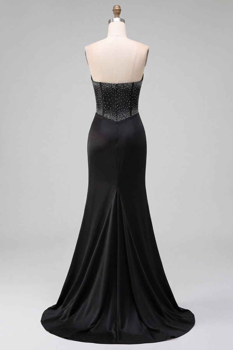 Laden Sie das Bild in den Galerie-Viewer, Satinschwarzes Meerjungfrauen-Cut-out-Korsett-Trägerloses Maxikleid mit Seitenschlitz