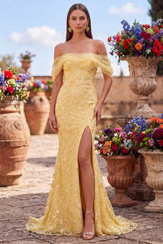 Gelbes Meerjungfrauen-Pailletten-Paillettenkleid mit Schlitz