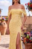 Laden Sie das Bild in den Galerie-Viewer, Gelbes Meerjungfrauen-Pailletten-Paillettenkleid mit Schlitz