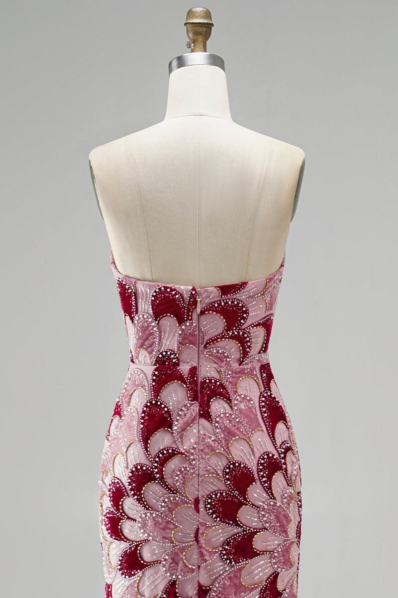 Laden Sie das Bild in den Galerie-Viewer, Rosa Pailletten Meerjungfrauen Trägerloses Abnehmbares Tüll-Drapiertes Langes Abschlussballkleid mit Schlitz