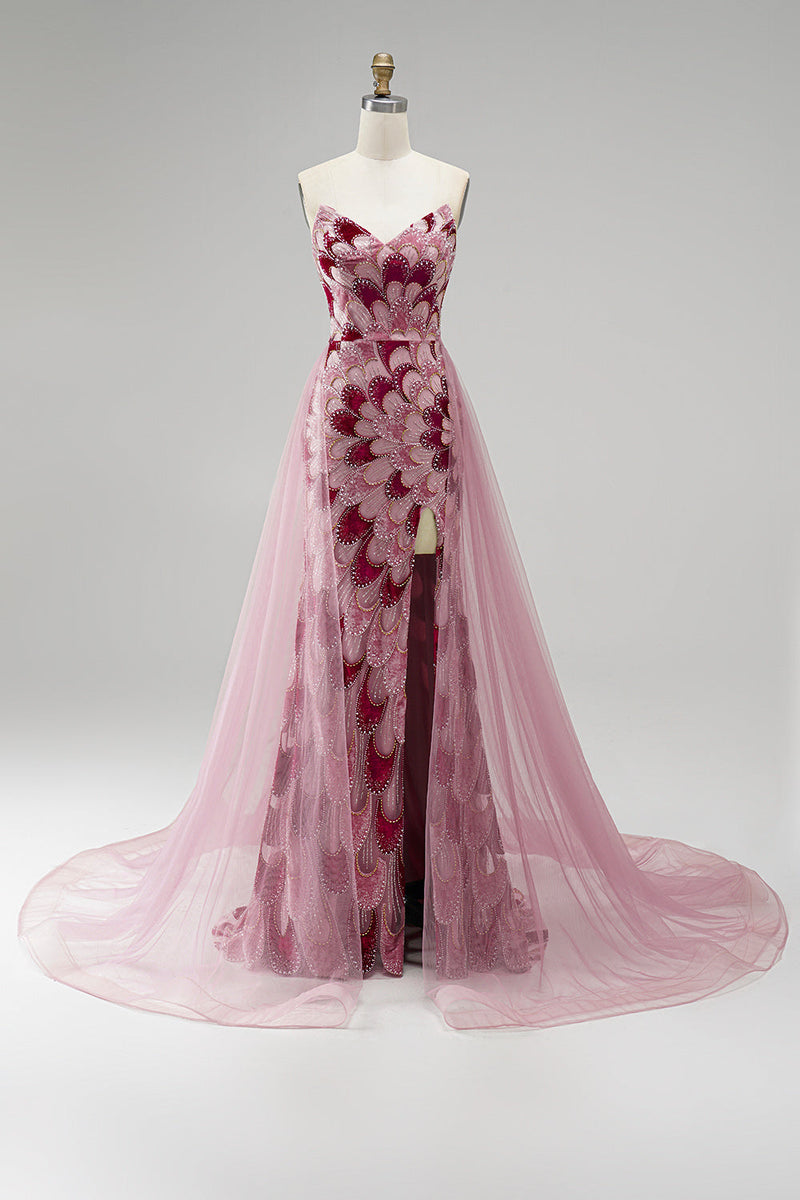 Laden Sie das Bild in den Galerie-Viewer, Rosa Pailletten Meerjungfrauen Trägerloses Abnehmbares Tüll-Drapiertes Langes Abschlussballkleid mit Schlitz