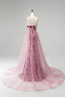 Laden Sie das Bild in den Galerie-Viewer, Rosa Pailletten Meerjungfrauen Trägerloses Abnehmbares Tüll-Drapiertes Langes Abschlussballkleid mit Schlitz