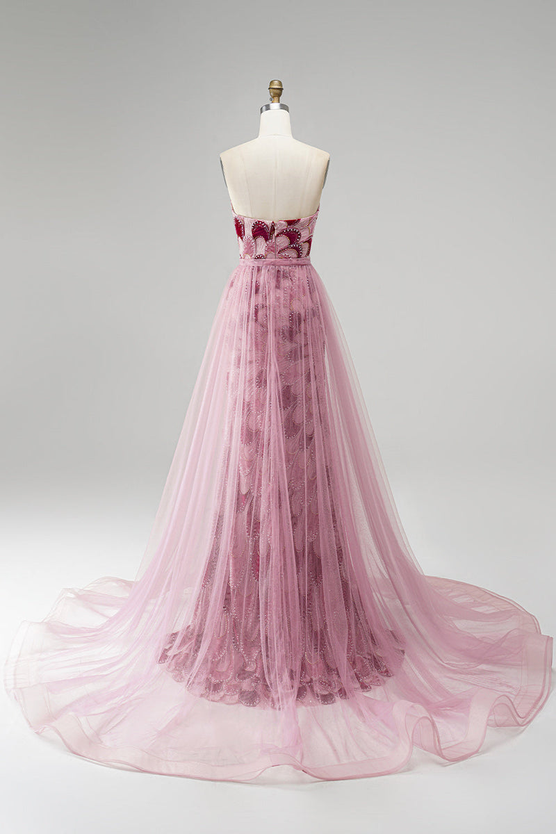 Laden Sie das Bild in den Galerie-Viewer, Rosa Pailletten Meerjungfrauen Trägerloses Abnehmbares Tüll-Drapiertes Langes Abschlussballkleid mit Schlitz