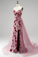 Laden Sie das Bild in den Galerie-Viewer, Rosa Pailletten Meerjungfrauen Trägerloses Abnehmbares Tüll-Drapiertes Langes Abschlussballkleid mit Schlitz