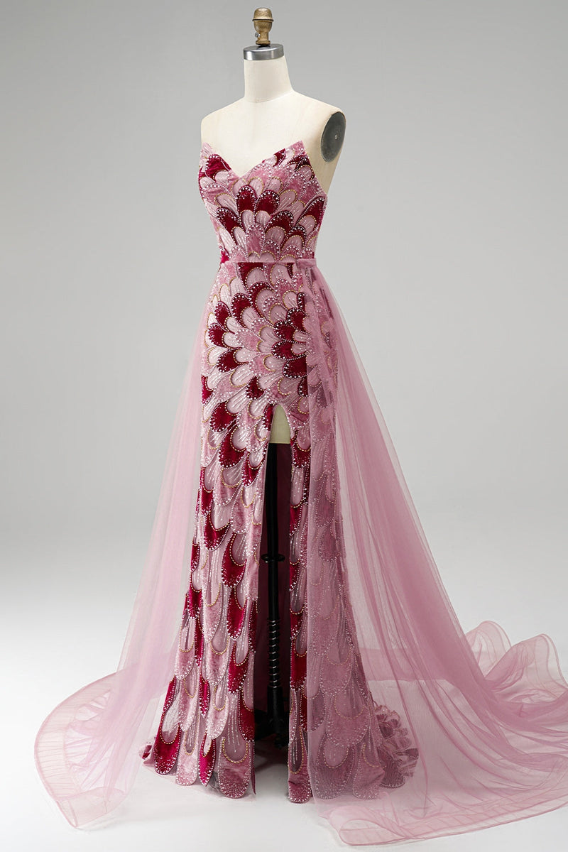 Laden Sie das Bild in den Galerie-Viewer, Rosa Pailletten Meerjungfrauen Trägerloses Abnehmbares Tüll-Drapiertes Langes Abschlussballkleid mit Schlitz