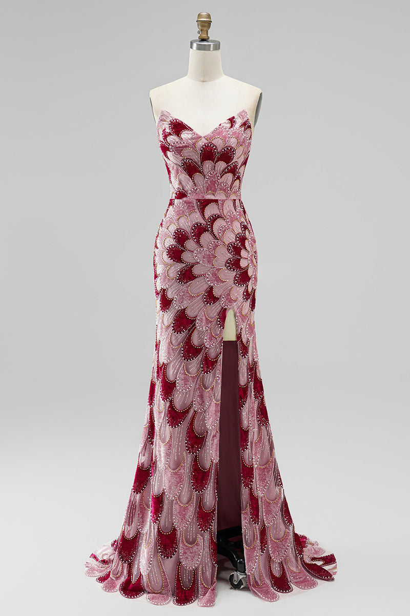 Laden Sie das Bild in den Galerie-Viewer, Rosa Pailletten Meerjungfrauen Trägerloses Abnehmbares Tüll-Drapiertes Langes Abschlussballkleid mit Schlitz