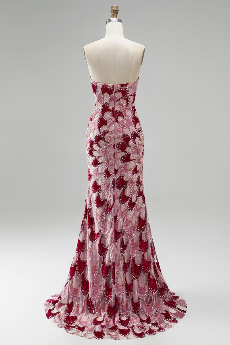 Laden Sie das Bild in den Galerie-Viewer, Rosa Pailletten Meerjungfrauen Trägerloses Abnehmbares Tüll-Drapiertes Langes Abschlussballkleid mit Schlitz