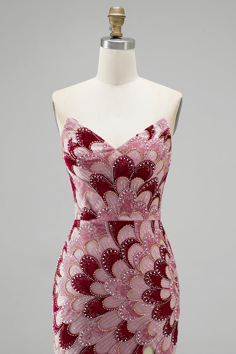 Laden Sie das Bild in den Galerie-Viewer, Rosa Pailletten Meerjungfrauen Trägerloses Abnehmbares Tüll-Drapiertes Langes Abschlussballkleid mit Schlitz