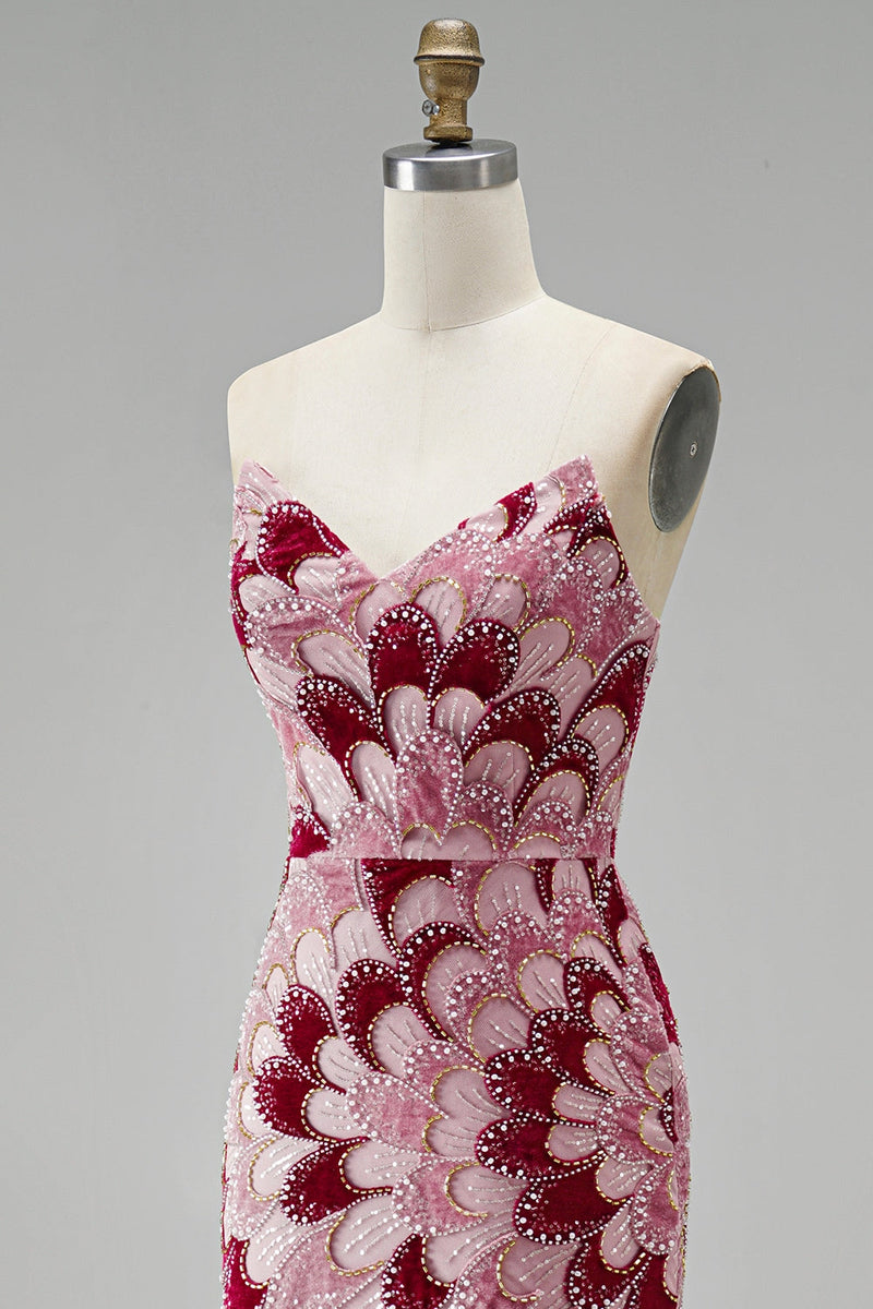 Laden Sie das Bild in den Galerie-Viewer, Rosa Pailletten Meerjungfrauen Trägerloses Abnehmbares Tüll-Drapiertes Langes Abschlussballkleid mit Schlitz