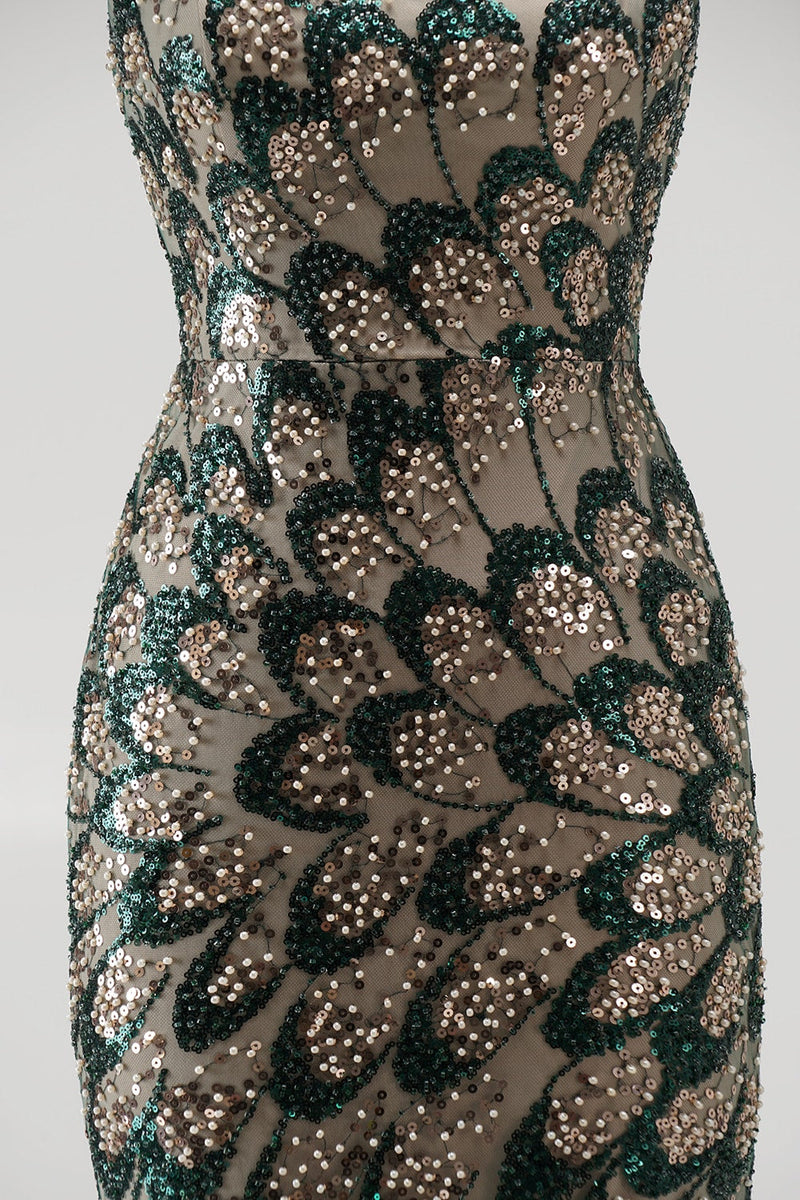 Laden Sie das Bild in den Galerie-Viewer, Dunkelgrünes Meerjungfrauen Pailletten Trägerloses Perlenbesetztes Langes Abendkleid mit abnehmbarer Tülldrapierung