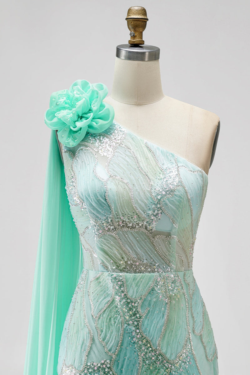 Laden Sie das Bild in den Galerie-Viewer, Grünes Einschulteriges Meerjungfrauen Pailletten 3D-Blumen Tüll Langes Abendkleid mit Schlitz