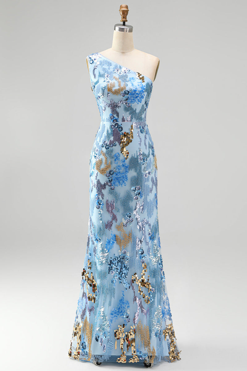 Laden Sie das Bild in den Galerie-Viewer, Glitzerndes Einschulteriges Pailletten Meerjungfrauen Perlen Blaues Langes Abschlussballkleid