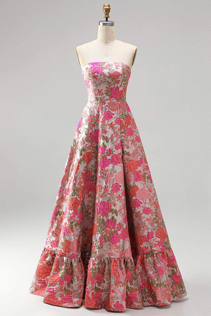 Laden Sie das Bild in den Galerie-Viewer, Rotes Geblümtes Jacquard Rüschensaum Trägerloses Langes Abschlussballkleid mit Schlitz
