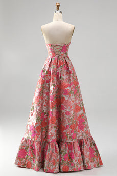 Rotes Geblümtes Jacquard Rüschensaum Trägerloses Langes Abschlussballkleid mit Schlitz