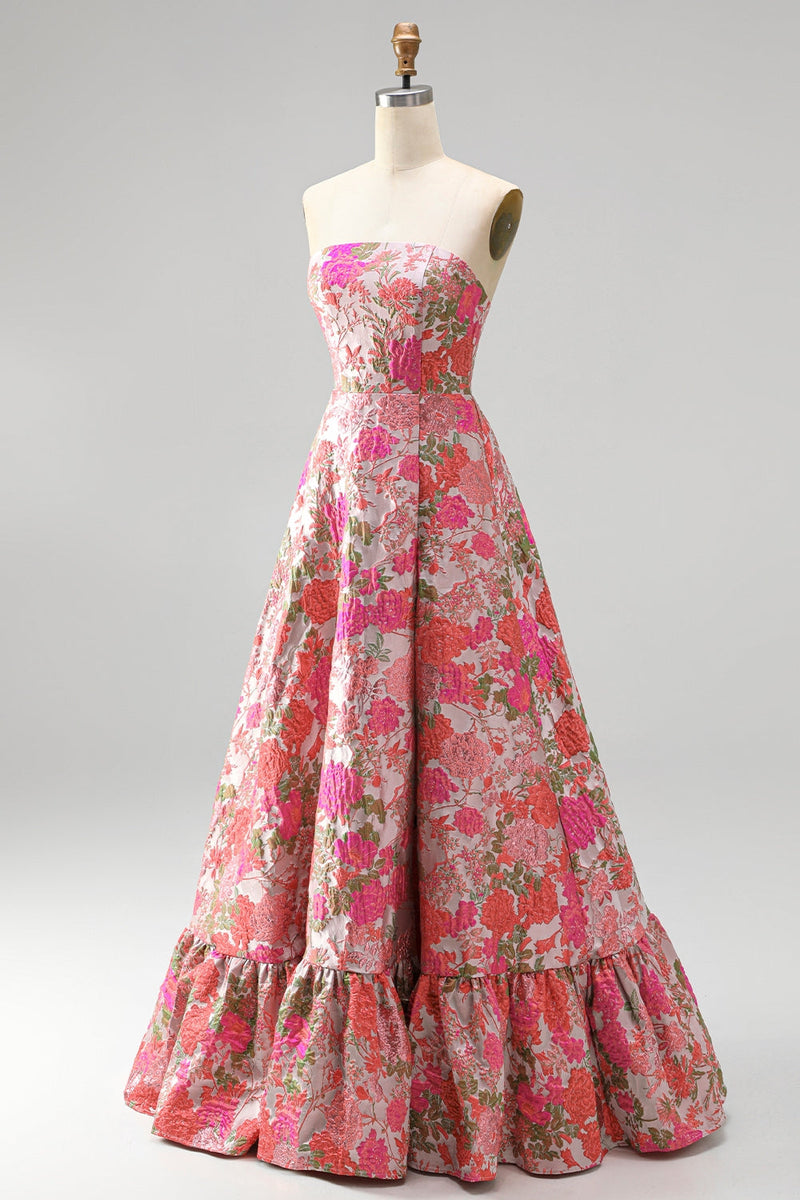 Laden Sie das Bild in den Galerie-Viewer, Rotes Geblümtes Jacquard Rüschensaum Trägerloses Langes Abschlussballkleid mit Schlitz