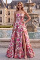 Laden Sie das Bild in den Galerie-Viewer, Rotes Geblümtes Jacquard Rüschensaum Trägerloses Langes Abschlussballkleid mit Schlitz