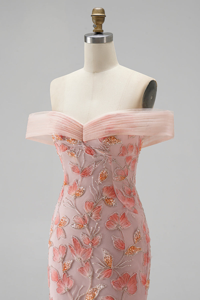 Laden Sie das Bild in den Galerie-Viewer, Rosa Off-the-shoulder Meerjungfrauen Applikationen Pailletten Langes Abschlussballkleid mit Perlenbesatz