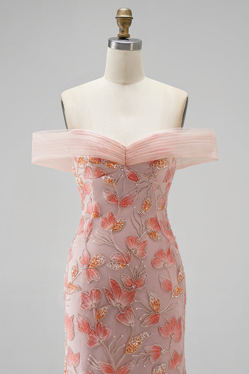 Laden Sie das Bild in den Galerie-Viewer, Rosa Off-the-shoulder Meerjungfrauen Applikationen Pailletten Langes Abschlussballkleid mit Perlenbesatz
