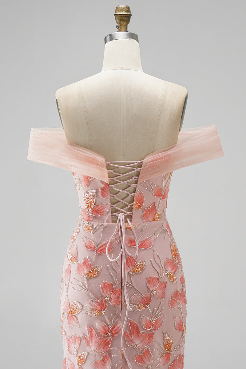 Laden Sie das Bild in den Galerie-Viewer, Rosa Off-the-shoulder Meerjungfrauen Applikationen Pailletten Langes Abschlussballkleid mit Perlenbesatz