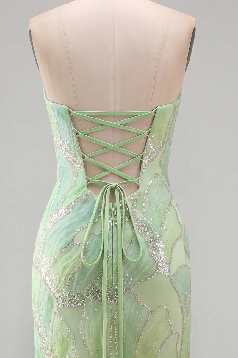 Laden Sie das Bild in den Galerie-Viewer, Glitzerndes Mintgrünes Trägerloses Meerjungfrauen Pailletten Langes Abendkleid mit Schlitz
