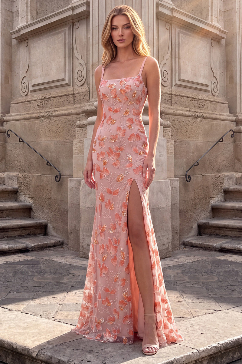 Laden Sie das Bild in den Galerie-Viewer, Rosa Quadratischer Ausschnitt Blumenstickerei Meerjungfrauen Spaghettiträger Langes Ballkleid mit Schlitz