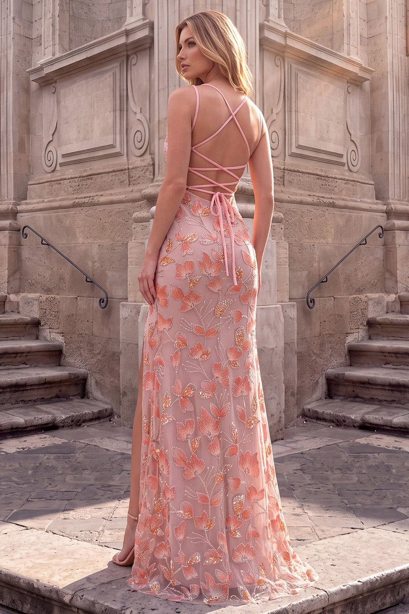 Laden Sie das Bild in den Galerie-Viewer, Rosa Quadratischer Ausschnitt Blumenstickerei Meerjungfrauen Spaghettiträger Langes Ballkleid mit Schlitz