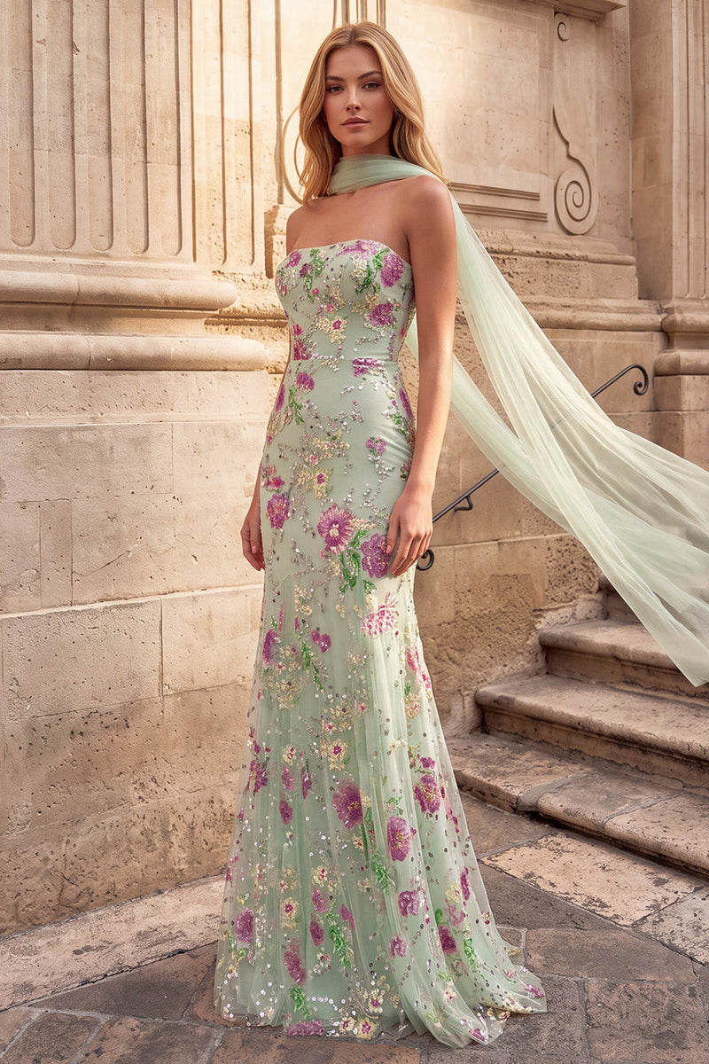 Laden Sie das Bild in den Galerie-Viewer, Hellgrünes Meerjungfrauen Pailletten Geblümtes Trägerloses Langes Abschlussballkleid mit Chiffon-Schärpe