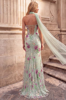 Laden Sie das Bild in den Galerie-Viewer, Hellgrünes Meerjungfrauen Pailletten Geblümtes Trägerloses Langes Abschlussballkleid mit Chiffon-Schärpe