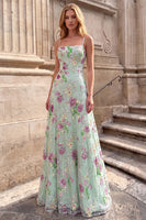 Laden Sie das Bild in den Galerie-Viewer, Hellgrünes A-Linie Floral Pailletten Spaghettiträger Langes Abschlussballkleid