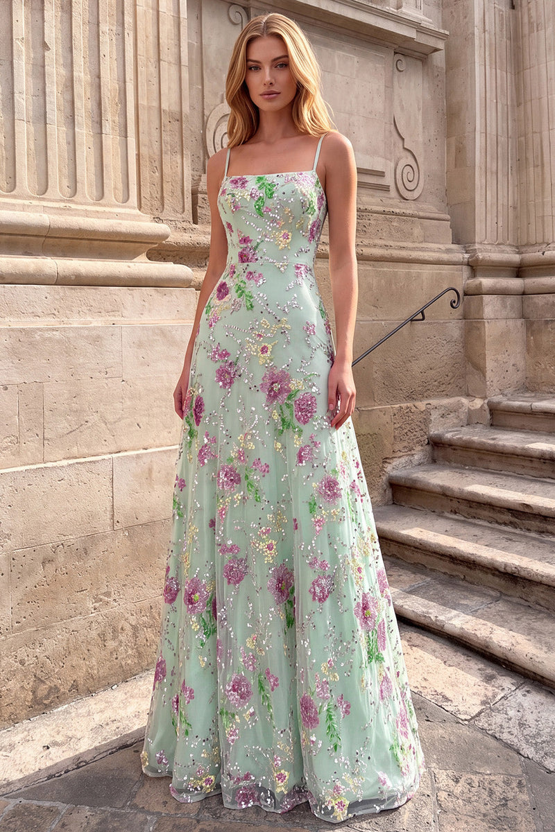 Laden Sie das Bild in den Galerie-Viewer, Hellgrünes A-Linie Floral Pailletten Spaghettiträger Langes Abschlussballkleid