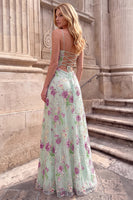 Laden Sie das Bild in den Galerie-Viewer, Hellgrünes A-Linie Floral Pailletten Spaghettiträger Langes Abschlussballkleid