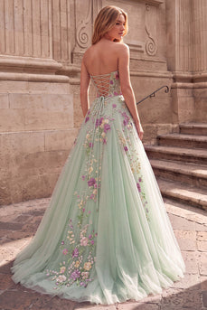 Hellgrünes Pailletten Florales A-Linie Tüll Trägerloses Langes Abschlussballkleid