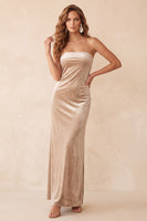 Laden Sie das Bild in den Galerie-Viewer, Olive Samt Sheath Trägerloses Langes Weihnachtsfestkleid
