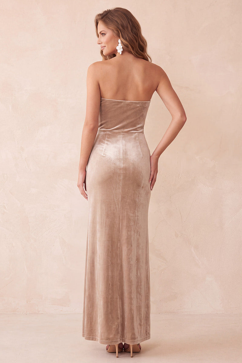 Laden Sie das Bild in den Galerie-Viewer, Olive Samt Sheath Trägerloses Langes Weihnachtsfestkleid