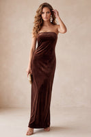 Laden Sie das Bild in den Galerie-Viewer, Olive Samt Sheath Trägerloses Langes Weihnachtsfestkleid