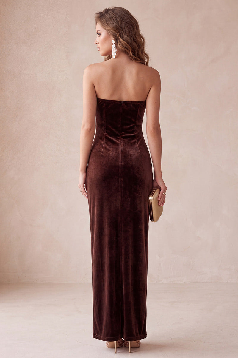 Laden Sie das Bild in den Galerie-Viewer, Olive Samt Sheath Trägerloses Langes Weihnachtsfestkleid