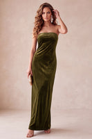 Laden Sie das Bild in den Galerie-Viewer, Olive Samt Sheath Trägerloses Langes Weihnachtsfestkleid