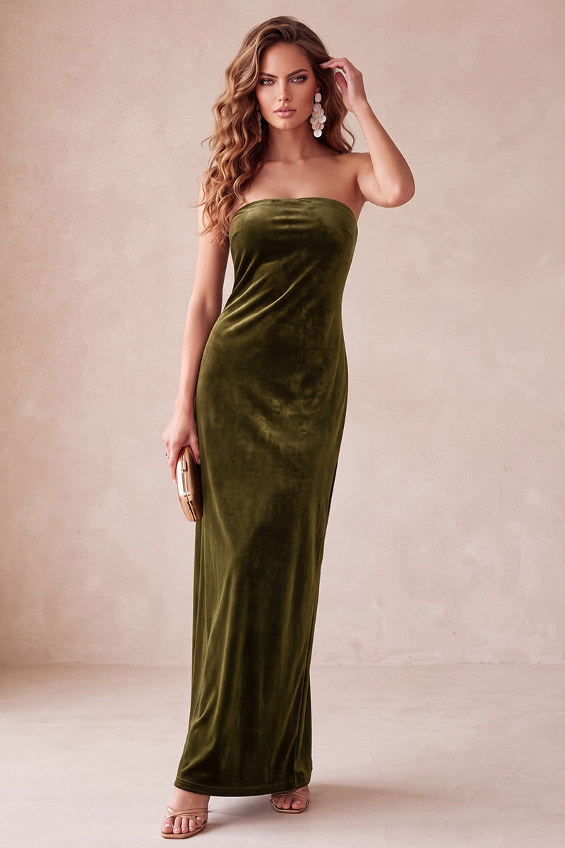 Laden Sie das Bild in den Galerie-Viewer, Olive Samt Sheath Trägerloses Langes Weihnachtsfestkleid
