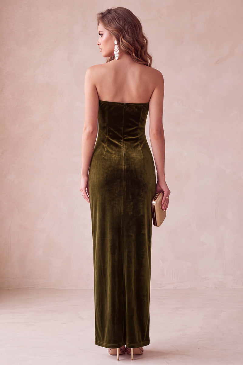 Laden Sie das Bild in den Galerie-Viewer, Olive Samt Sheath Trägerloses Langes Weihnachtsfestkleid