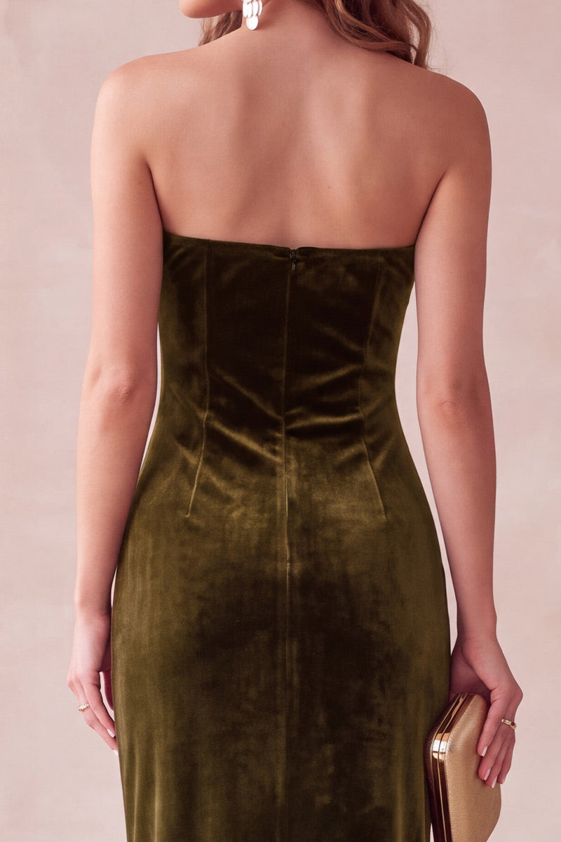 Laden Sie das Bild in den Galerie-Viewer, Olive Samt Sheath Trägerloses Langes Weihnachtsfestkleid