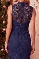 Laden Sie das Bild in den Galerie-Viewer, Dunkelblaues Scheiden Spitzen Langes Hochzeitsgastkleid