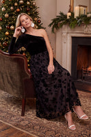 Laden Sie das Bild in den Galerie-Viewer, Schwarzes Samt A-Linie Midi Weihnachtspartykleid mit einer Schulter