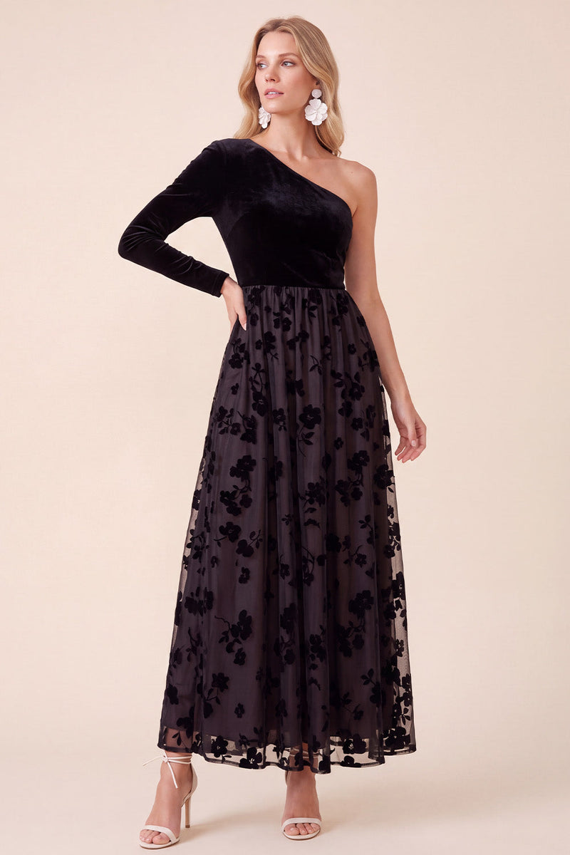 Laden Sie das Bild in den Galerie-Viewer, Schwarzes Samt A-Linie Midi Weihnachtspartykleid mit einer Schulter