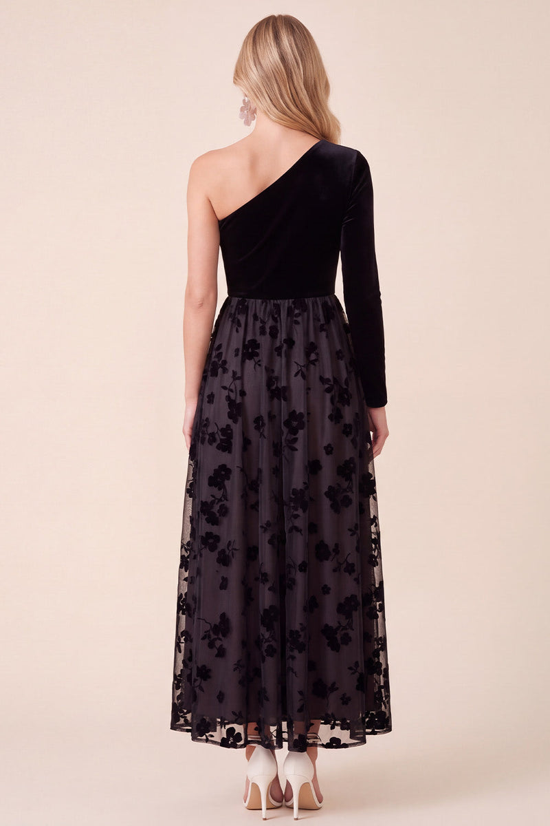 Laden Sie das Bild in den Galerie-Viewer, Schwarzes Samt A-Linie Midi Weihnachtspartykleid mit einer Schulter