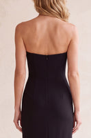 Laden Sie das Bild in den Galerie-Viewer, Schwarzes V-Ausschnitt Trägerloses Midi Hochzeitsgastkleid mit Taschen