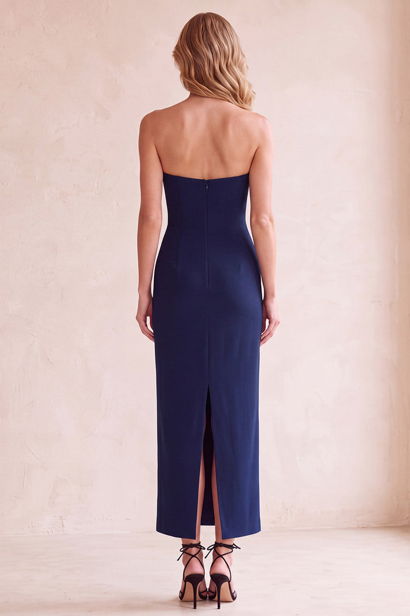 Laden Sie das Bild in den Galerie-Viewer, Schwarzes V-Ausschnitt Trägerloses Midi Hochzeitsgastkleid mit Taschen