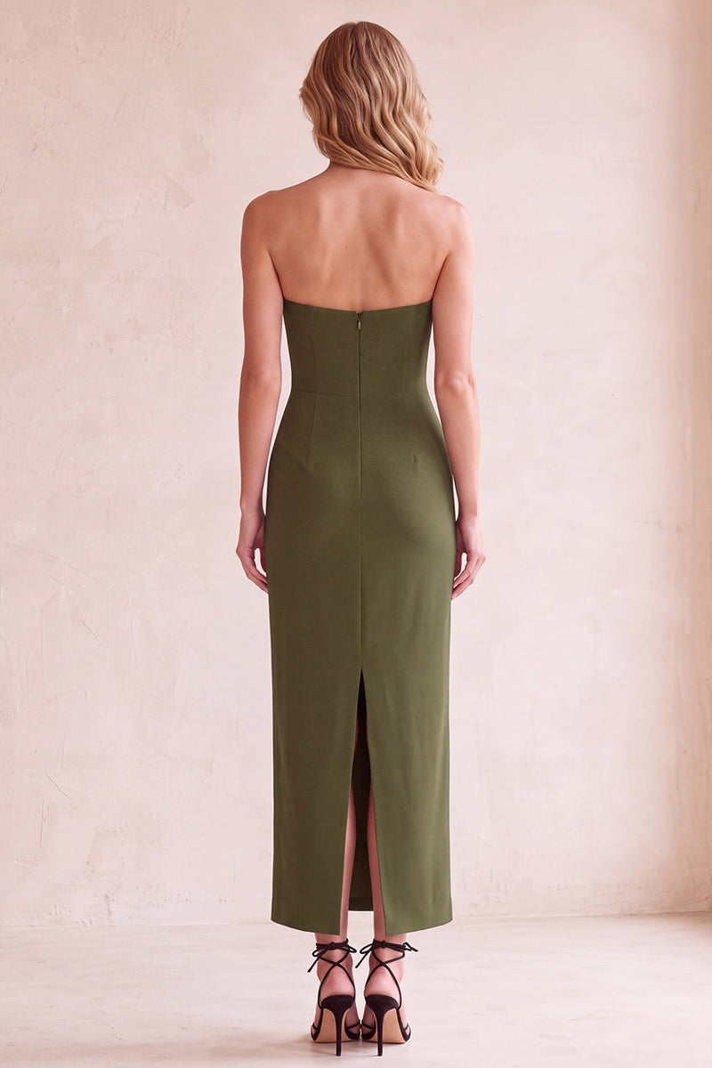 Laden Sie das Bild in den Galerie-Viewer, Schwarzes V-Ausschnitt Trägerloses Midi Hochzeitsgastkleid mit Taschen