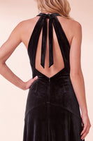 Laden Sie das Bild in den Galerie-Viewer, Schwarzes Samt A-Linie Halter Langes Festkleid zur Weihnachtsparty