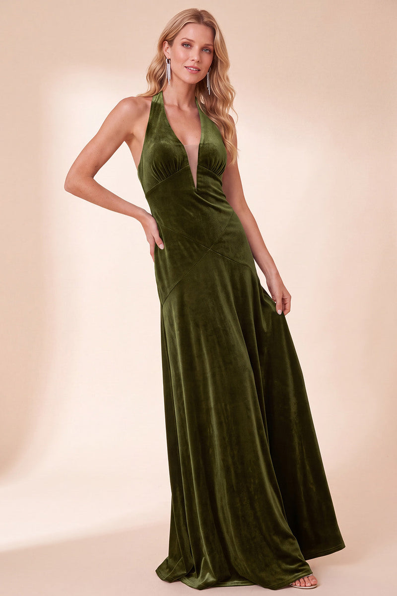 Laden Sie das Bild in den Galerie-Viewer, Schwarzes Samt A-Linie Halter Langes Festkleid zur Weihnachtsparty